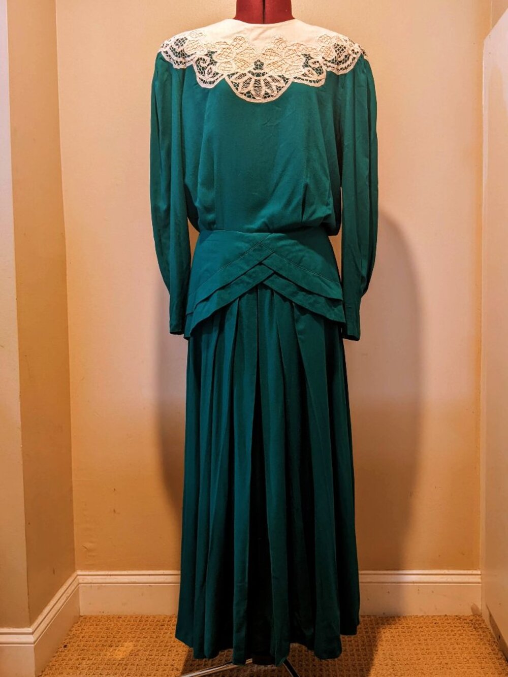 Vintage 80s Edwardian-Inspired Dress Marie St. Claire Green Lace Collar Sz L 14